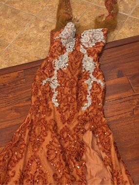 Hand Crafted Copper Orange Beaded Wedding Dress with Silver Appliqué